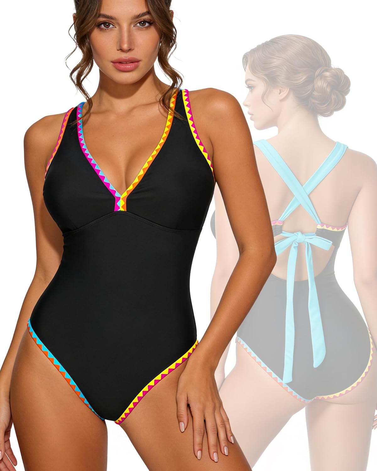 XZI V Neck One Piece Neon Color Block Swimsuit Womens, Low Back Full Coverage Bathing Suit