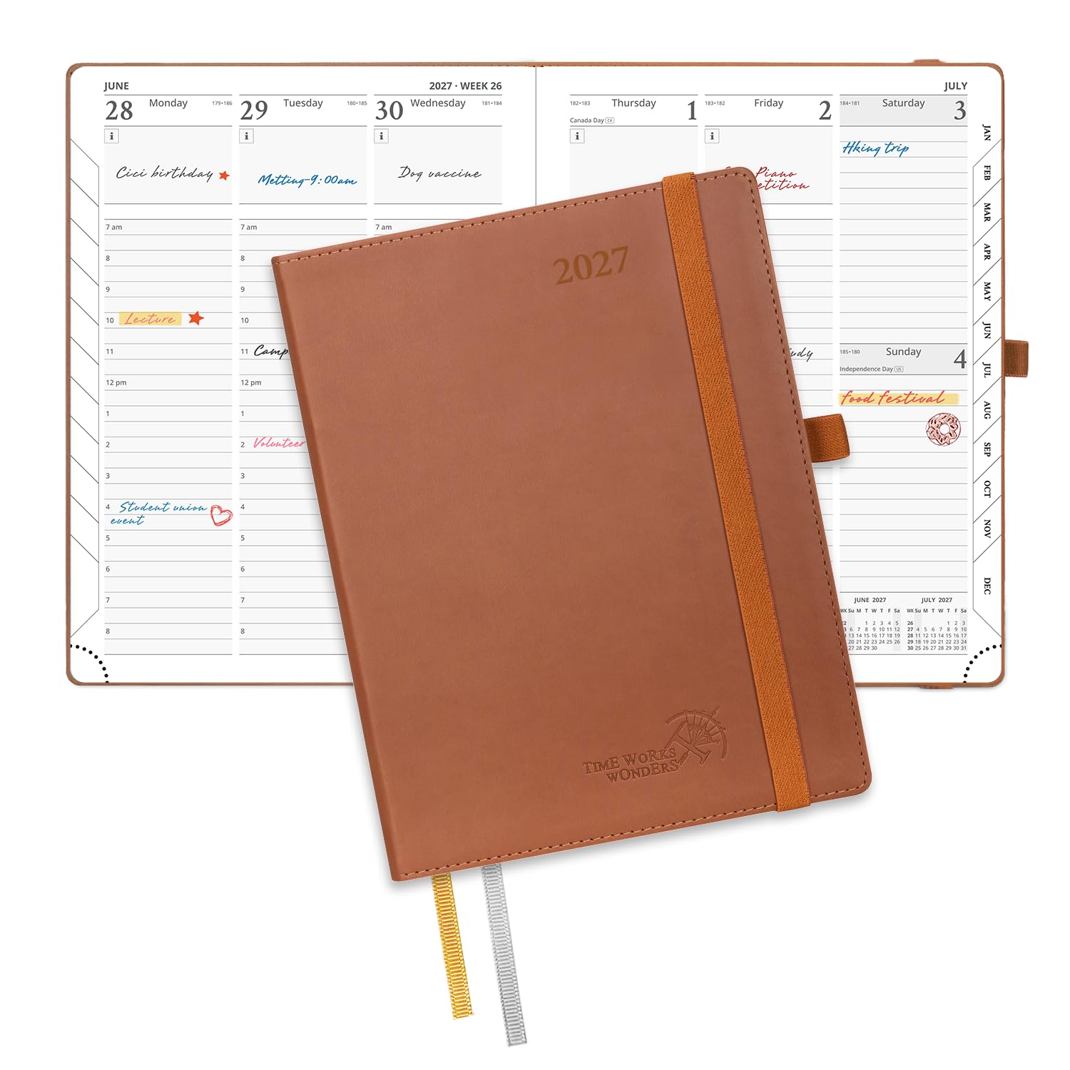 POPRUN 2027 Diary A5 Week to View – PU Leather, Vertical Work Planner