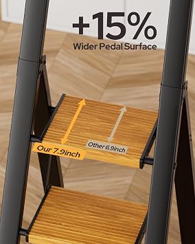 4 Step Ladder, Foldable 4 Step Stool, Black & Woodgrain