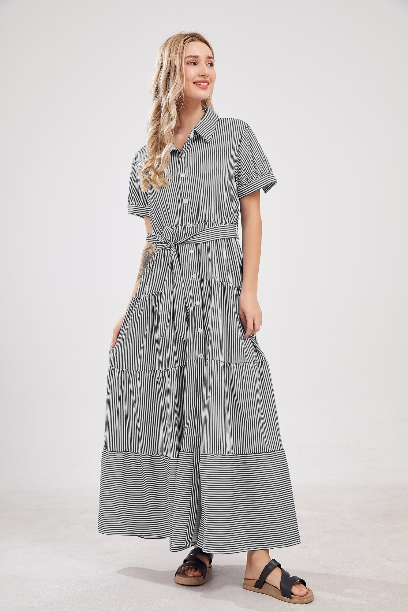 utcoco Lässiges Maxi-Hemdkleid für Damen, kurzärmelig, Knopfleiste, Taille, gerüscht, gestreift