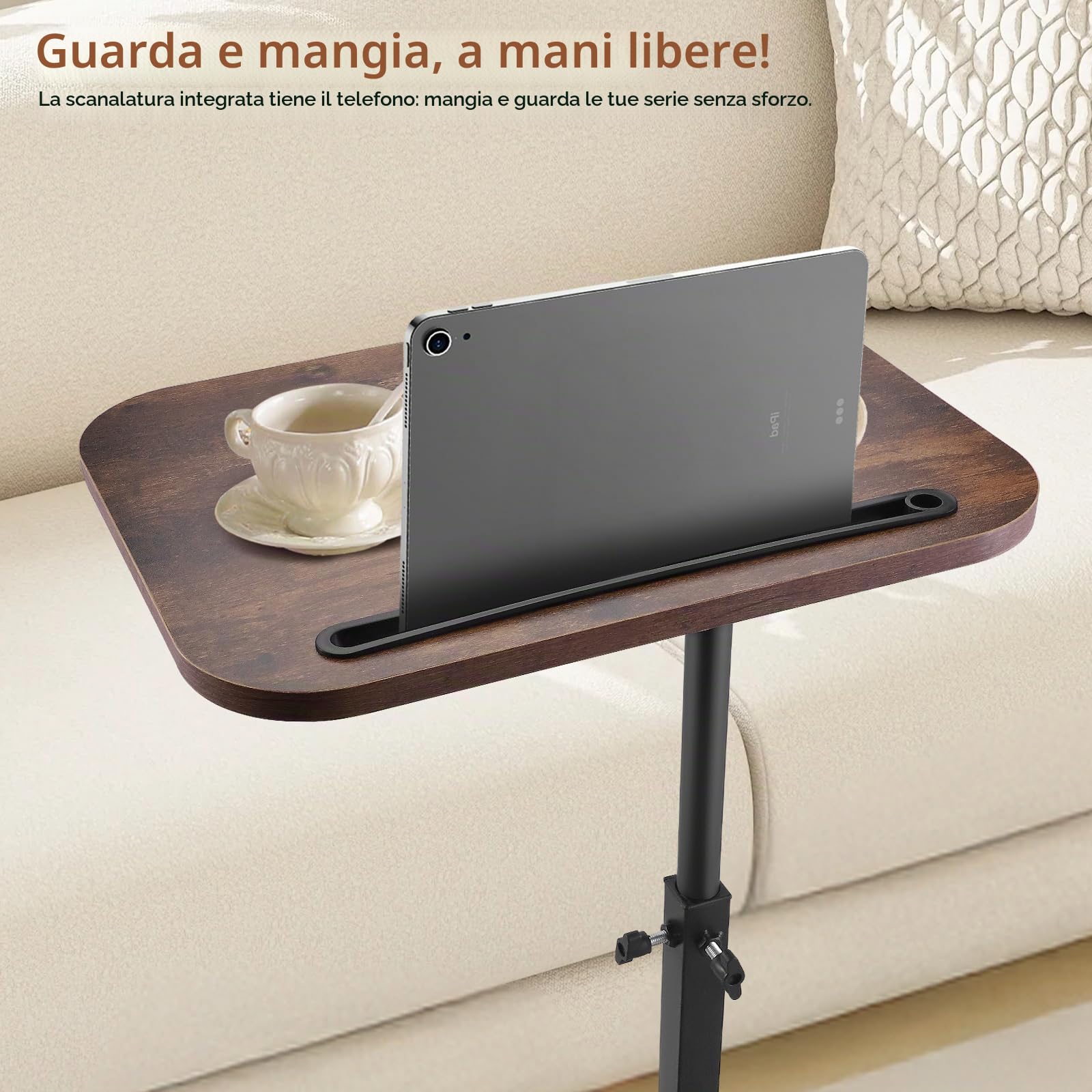 Tavolini a Forma Di C, Tavolino Regolabile in Altezza con Ruote, Girevole a 360° con Slot per Telefono e Tablet, Tavolino da Divano per Soggiorno e Camera da Letto