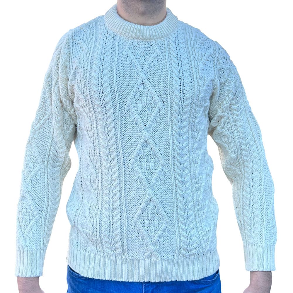 British Wool 100% Pure Arran Jumper - Made in The UK– Round Neck Unisex Jumper – Super Warm and Cosy Sweater for Winter – (M, Cream)