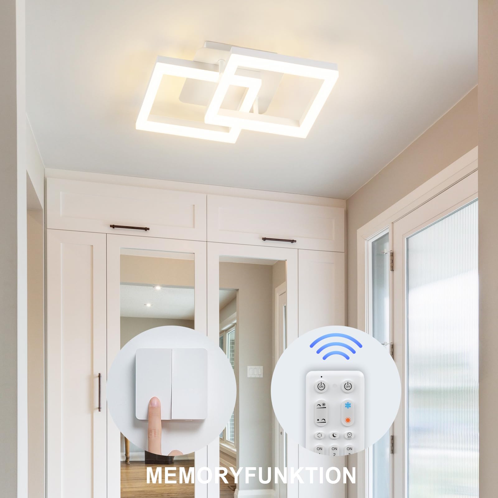 ANTENLICHT Plafoniera LED Soffitto Moderna 20W Dimmerabile con Telecomando 3000-6500K, Funzione di Memoria, Lampada da Soffitto per Camera da letto Sala Cucina Corridoio, Bianco 44x28x10cm