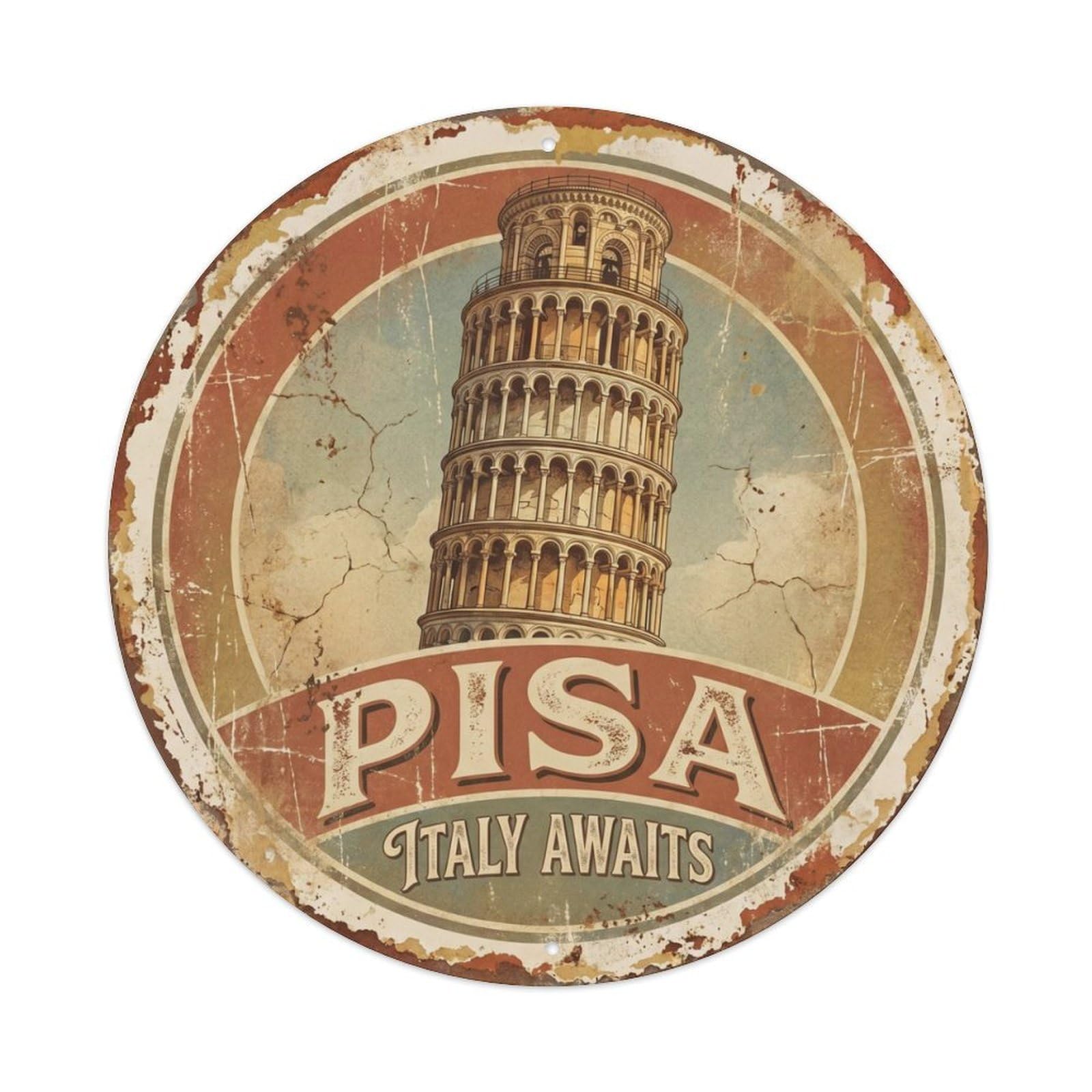 Vintage Travel Leaning Tower Italy Metal Tin Sign Plaque Wall Decor for Cafe, Club Bar, Office, Home Garden Round Metal Poster 8x8Inch