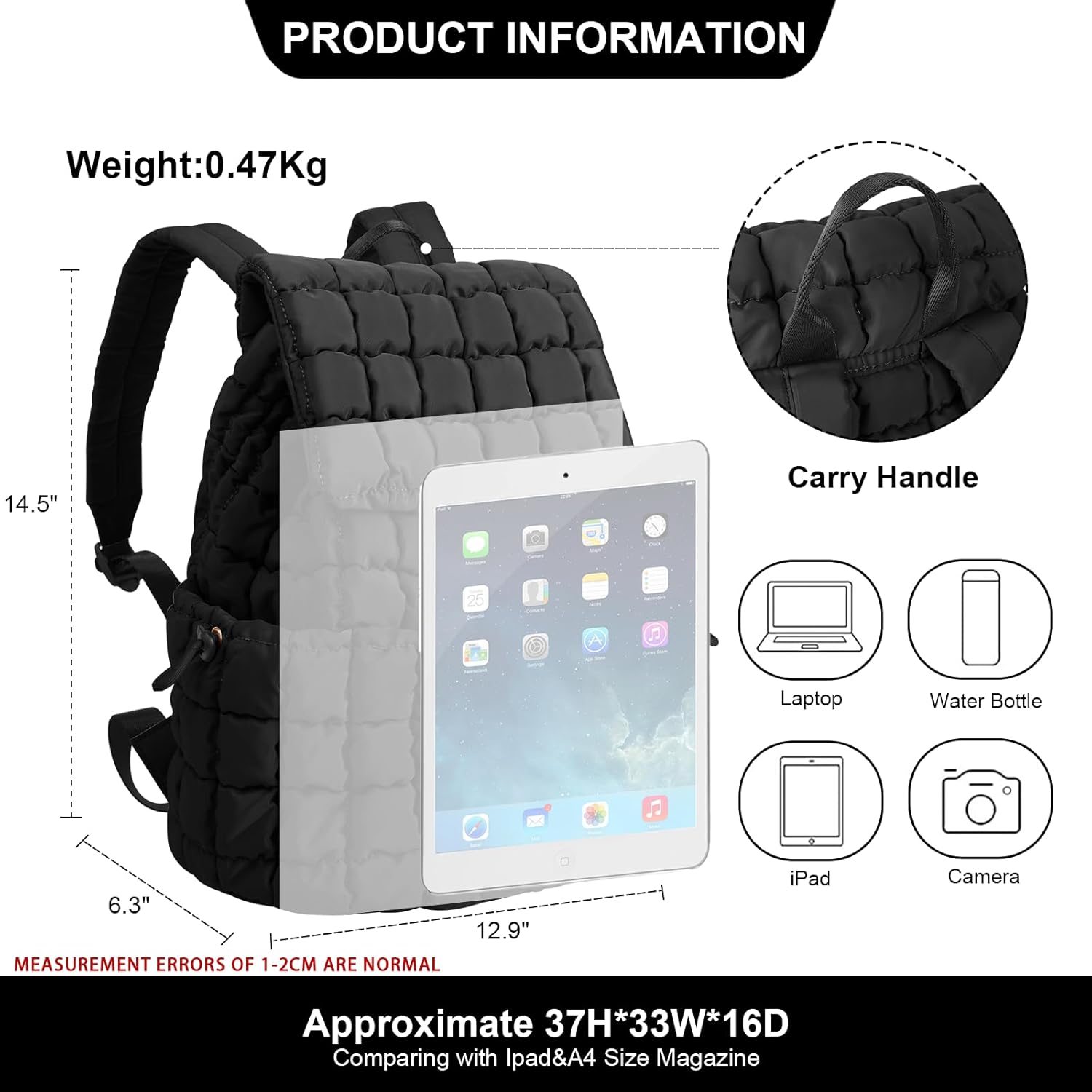 XSUIOY Quilted Backpack Purse for Women Small Lightweight Puffer Puffy College Laptop Backpack Nylon Casual Bookbag Daypack Top Flap Drawstring Padding Hiker Travel Gym Backpack(Black) - Image 2