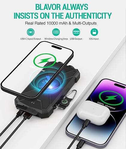 Miniatura 5 de Blavor - Paquete de batería externa solar, cargador inalámbrico Qi de 10,000 mAh, entrada y salida tipo C, linterna doble superbrillante, brújula