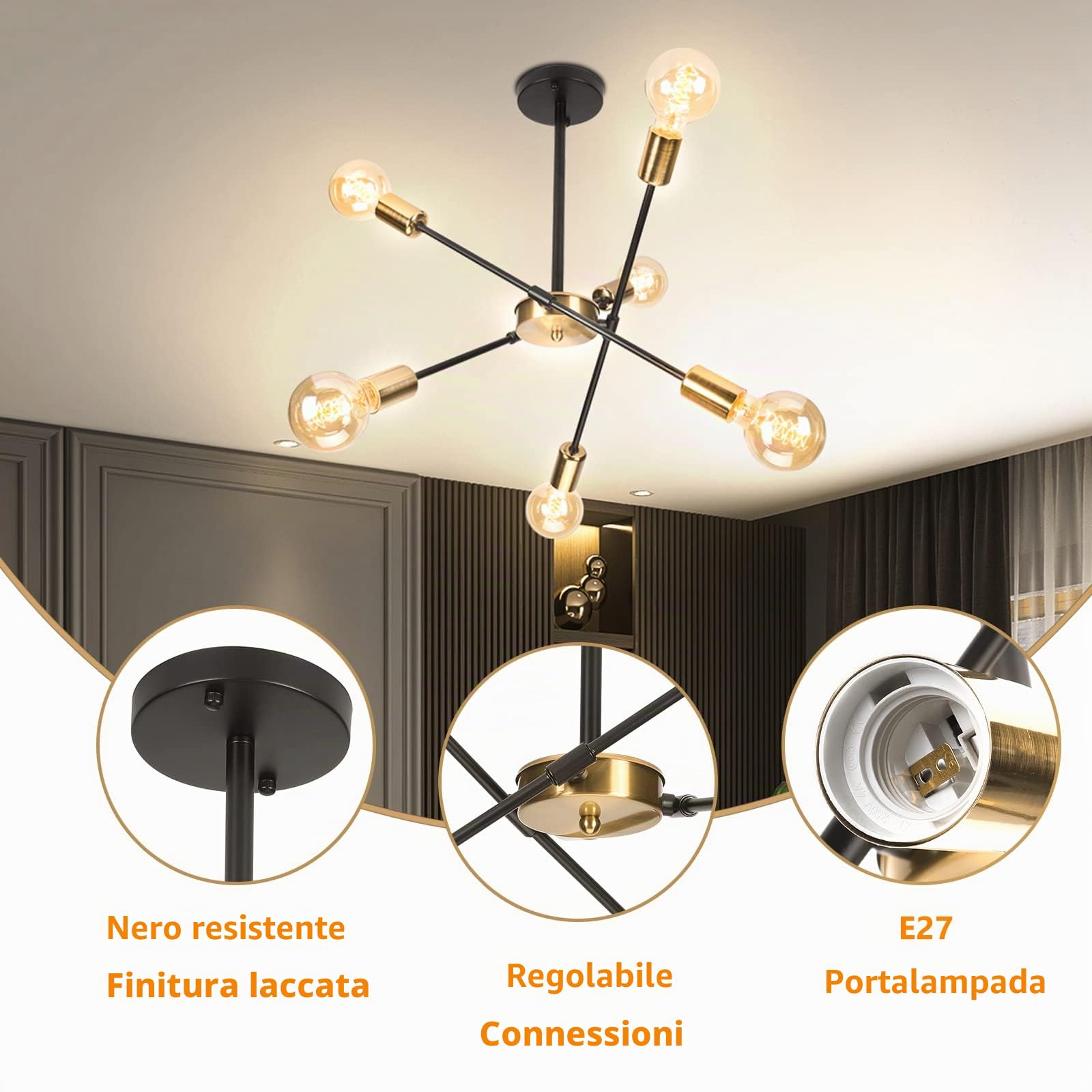 iDEGU Lampadario Soggiorno Moderno, 6 Luci Lampada da Soffitto Regolabile Plafoniera LED Vintage Illuminazione E27 Lampada a Sospensione Industriale per Camera da letto Sala da Pranzo (Nero Oro)