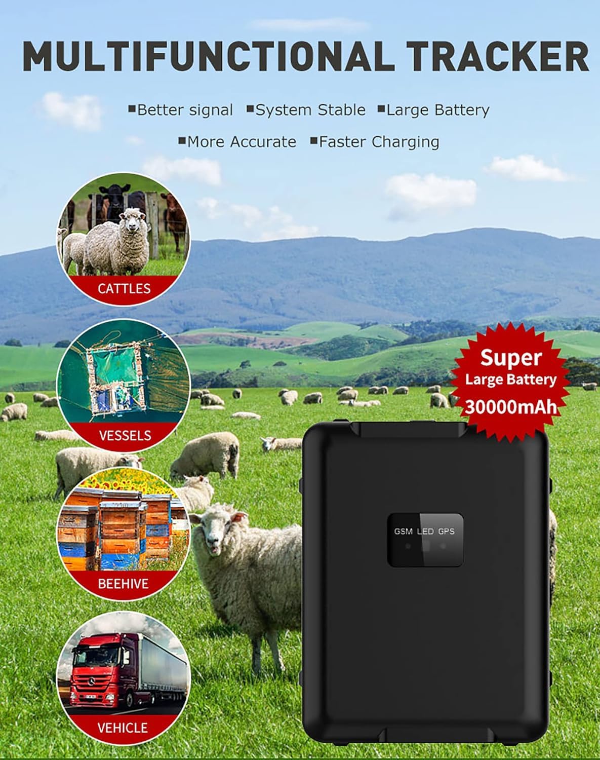4G Animal Tracker, mini solarny lokalizator GPS o pojemności baterii 30000 mAh, pozycjonowanie w czasie rzeczywistym, funkcja wirtualnego ogrodzenia i trajektorii historycznej, dla bydła/owiec/konia