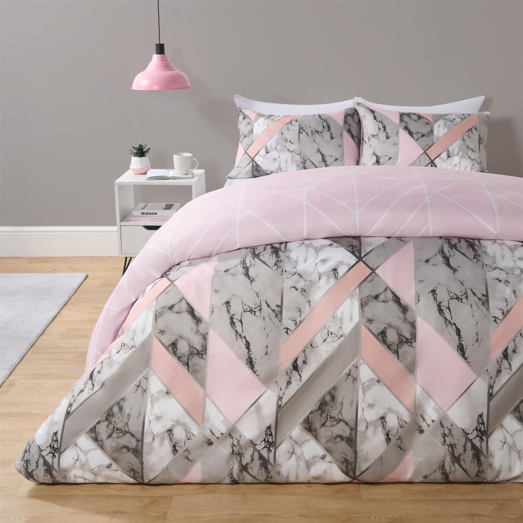 OHS Marble Duvet Cover Set King Size - Pink - Reversible Geometric Geo Soft Polyester