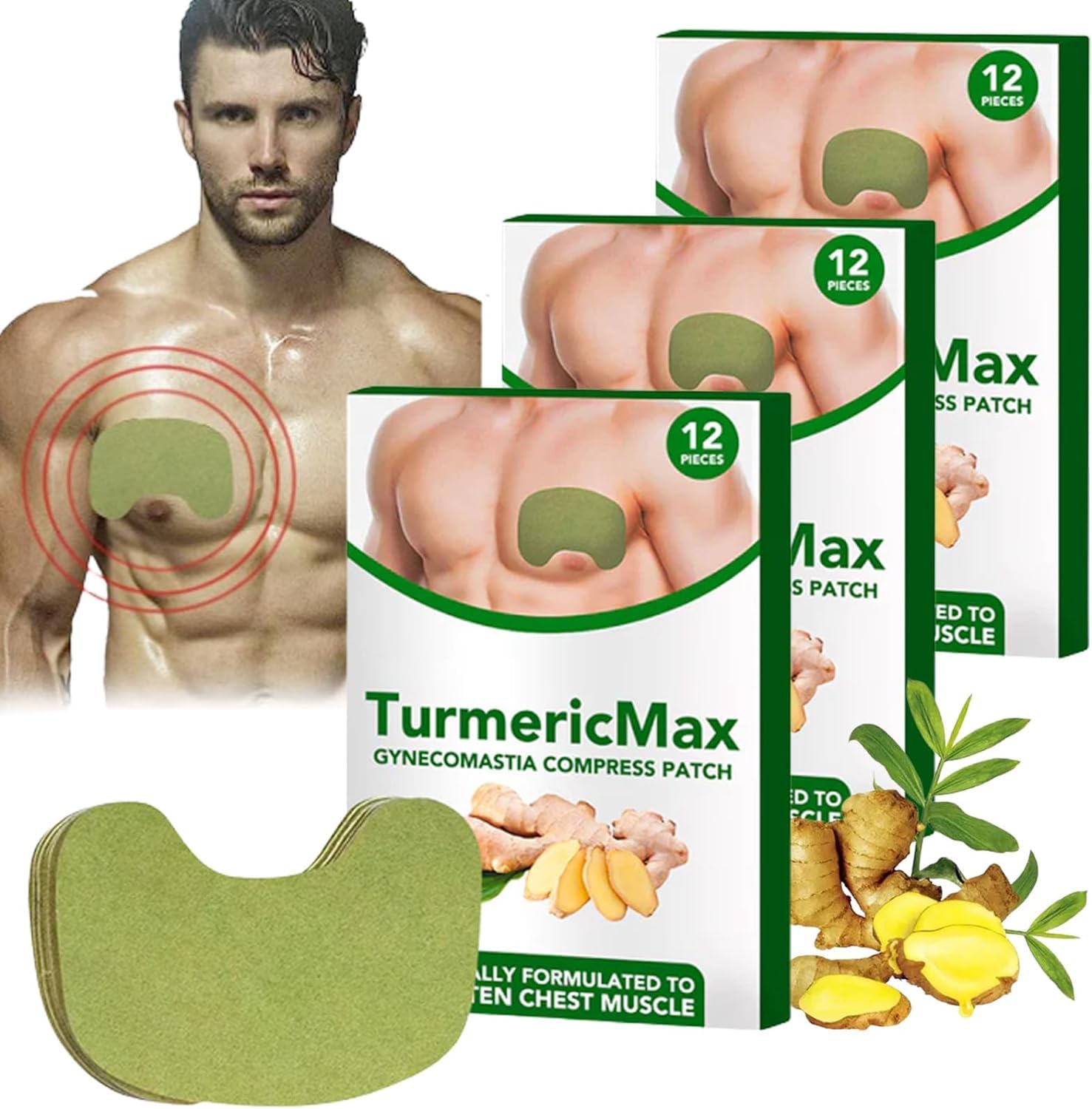 Turmericmax Gynecomastia Compress Patch, Gynecomastia Cellulite Melting Patch,Gynecomastia Tightening Ginger Patch,Chest Belly Fat Remove for Men,Anti Cellulite Patch for Gynecomastia (3 Box)