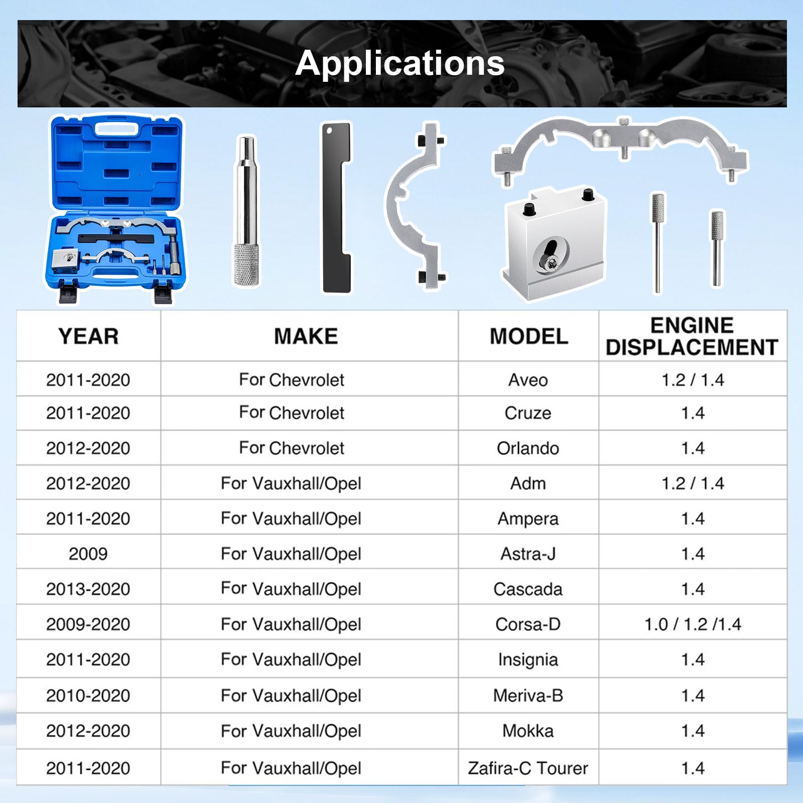 Juego de herramientas para ajuste de motor, para motores de 1.0, 1.2, 1.4L Bloqueo de árbol de levas y kit de alineación de cadena de distribución Compatible con vehículos Opel, Chevrolet