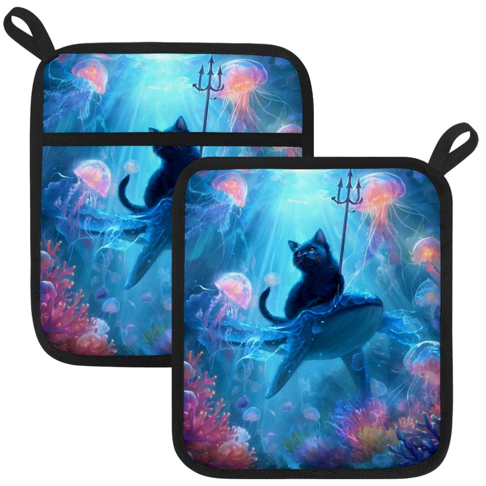 VAPOKF Cats Whales Pot Holders with Pocket for Kitchen Heat Resistant Potholders Large Polyester-Cotton Square Oven Mitts Set