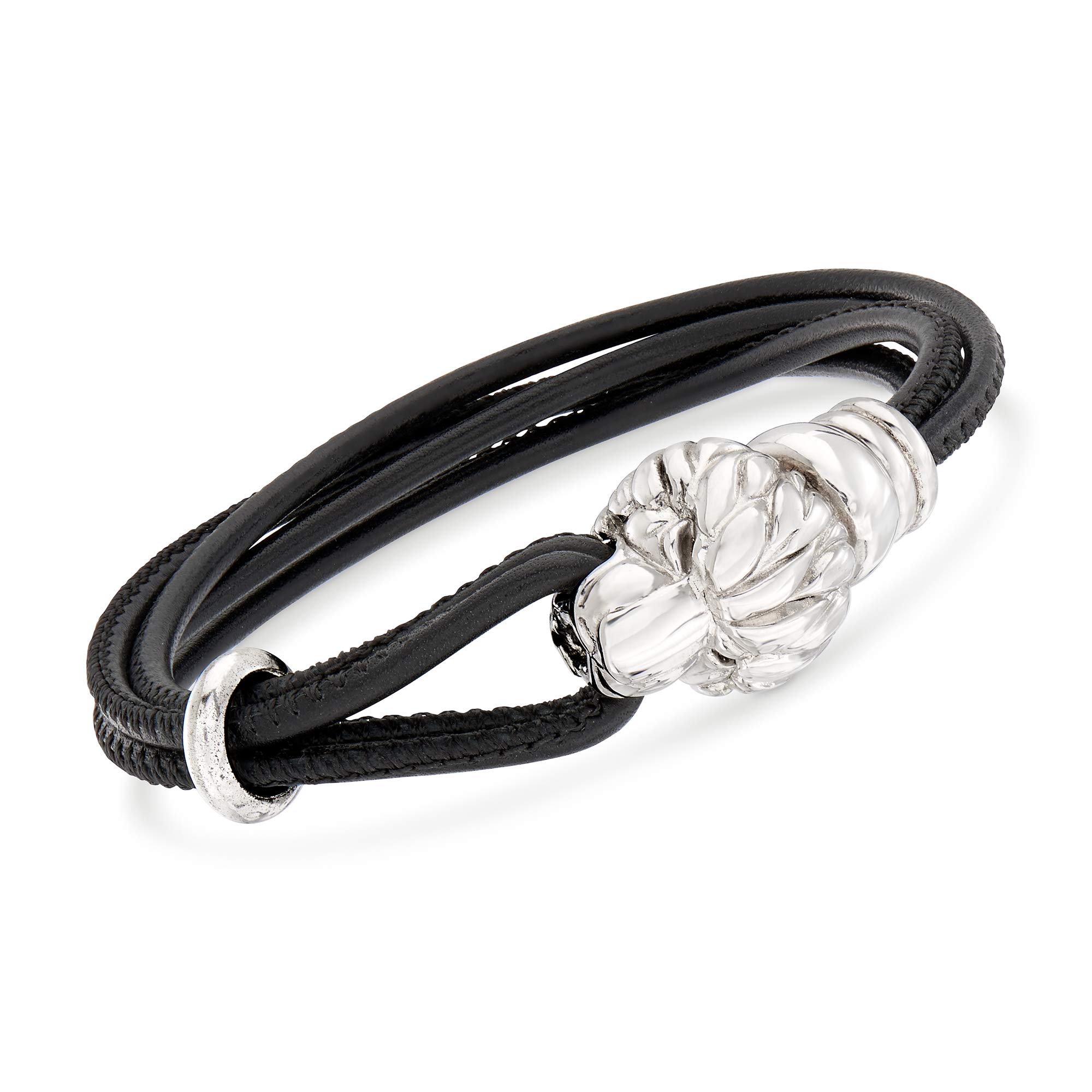 Ross-Simons Italian Sterling Silver Lion Bracelet With Black Leather. 7 inches