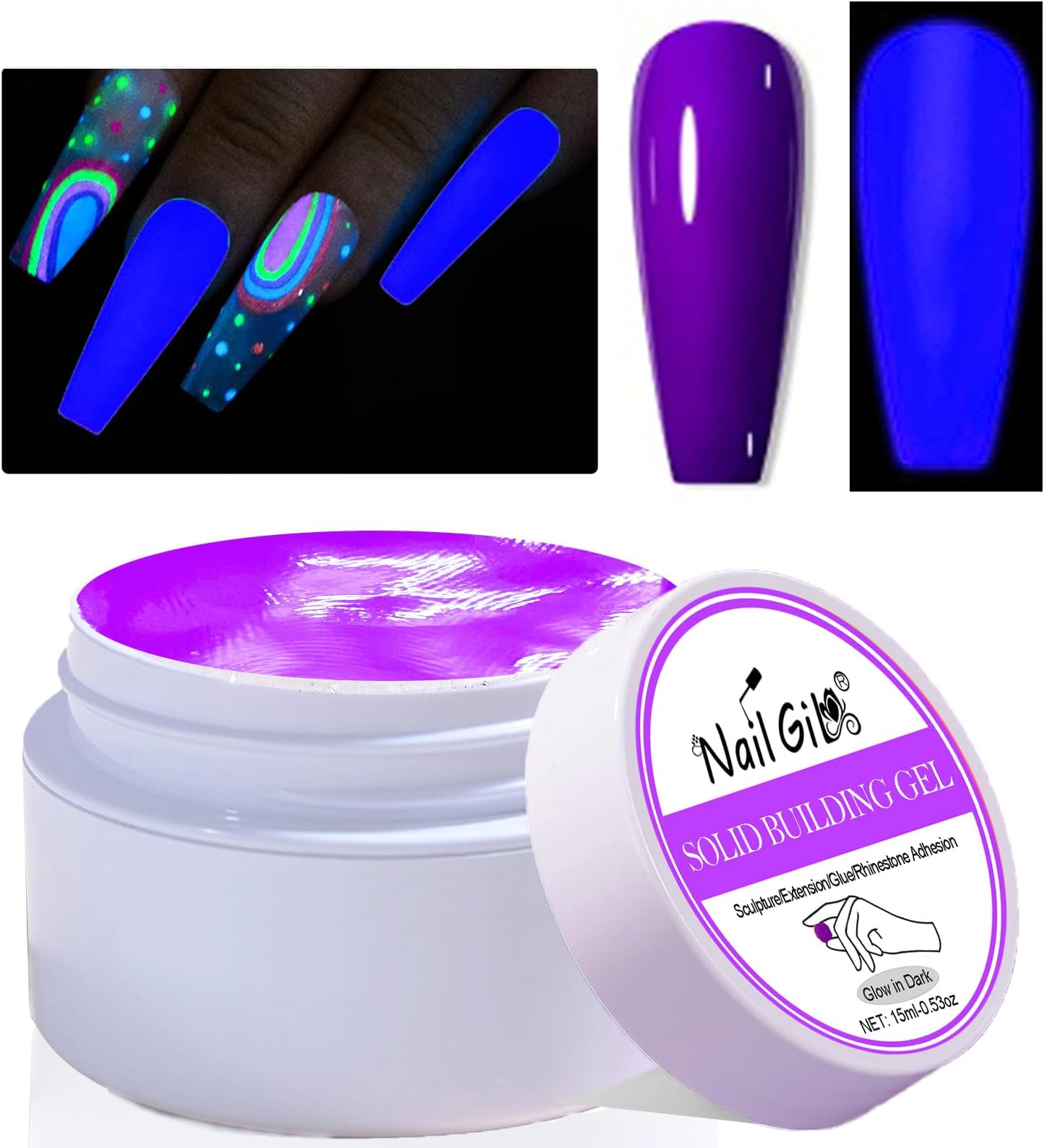 NAILGIL Neon Solid Builder Gel for Nails, Glow in the Dark Fluorescent Purple Sculpture 3D Gel Nail Art for Women Summer Hot Halloween Colors, Non-Stick Hand LED/UV Needed -15g