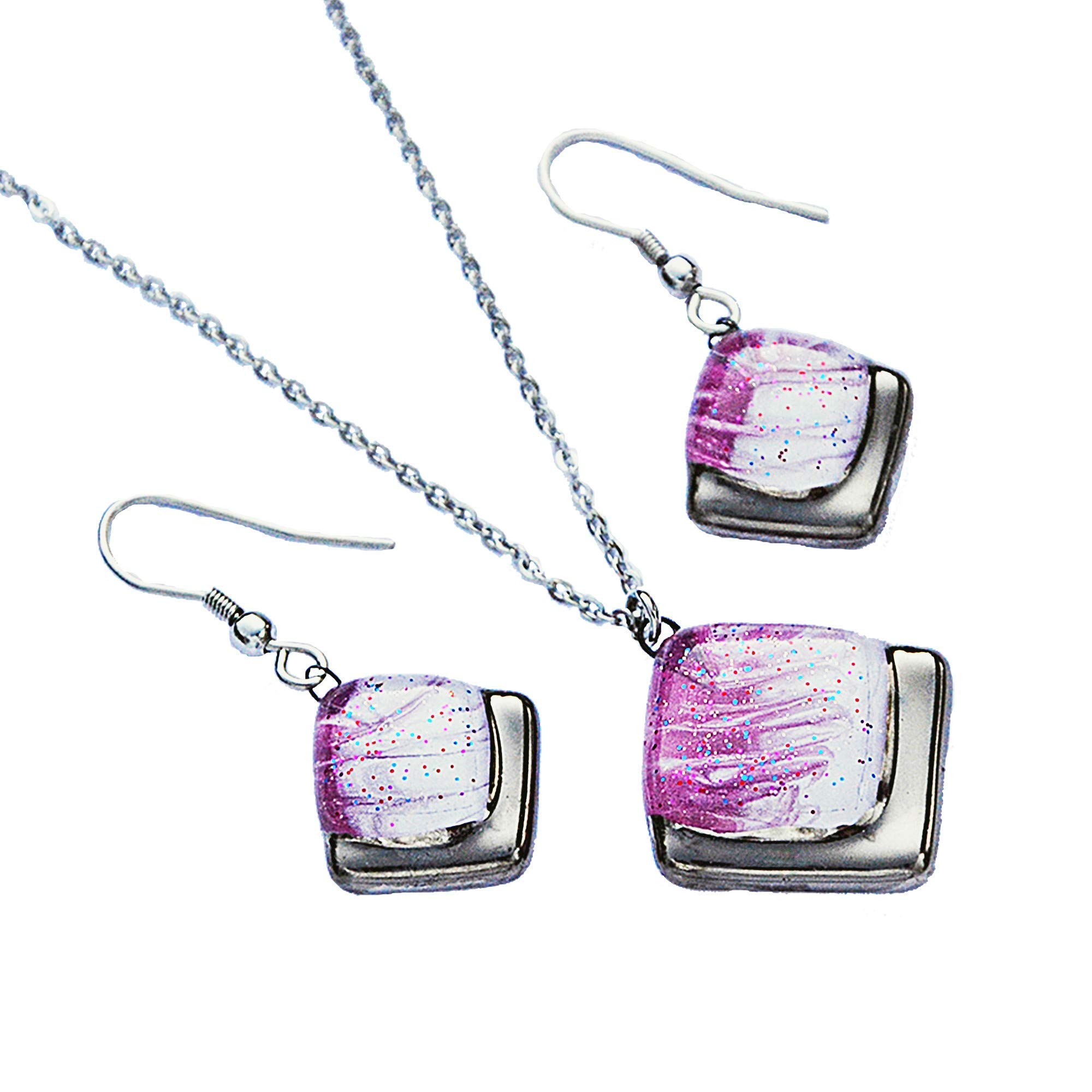 Conjunto de bisutería blanco violeta • Vidrio checo hecho a mano con platino y purpurina • Collar y pendientes de diseño para mujer