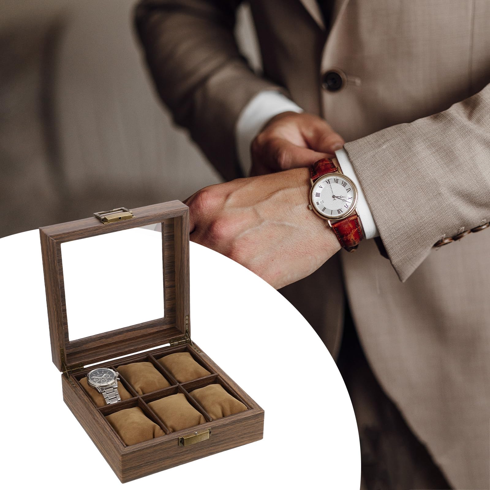 Boîte à montres Sourcing Map pour hommes et femmes, 6 emplacements, en cuir PU grainé, avec couvercle en verre et coussin amovible, compatible avec la plupart des montres et montres connectées.