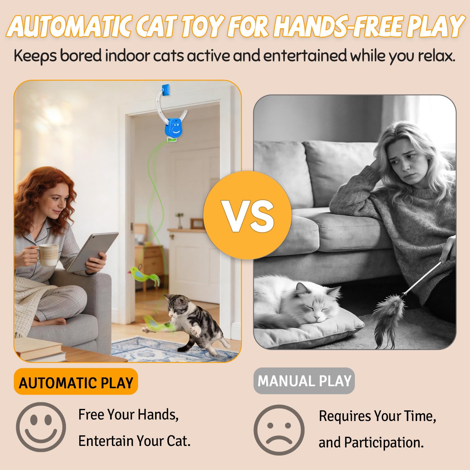 Juguetes interactivos para gatos de interior, marco de puerta colgante automático con pájaro, ratón y plumas, juguete de ejercicio activado por movimiento para gatitos aburridos y gatos adultos