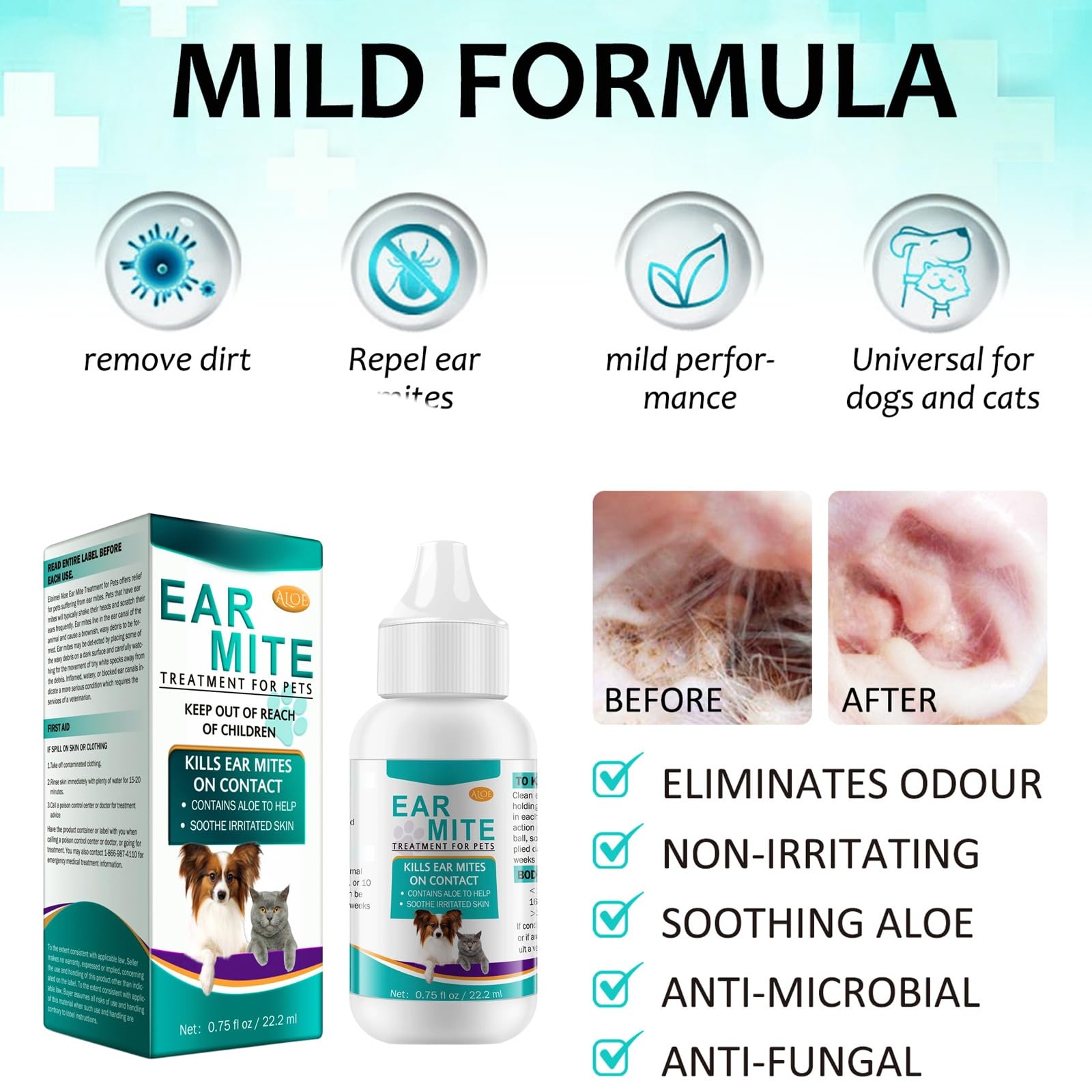 Gotas Limpiadoras para Oídos para Perros y Gatos, Solución de Cuidado para Orejas Suave y Eficaz, Elimina Suavemente la Cera la Suciedad y los Malos Olores