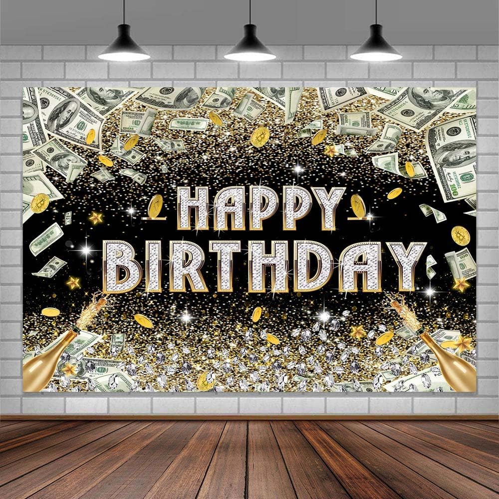 10X8ft Money Backdrop Happy Birthday Party - Black & Gold Dollar Bill Champagne Diamond Dollar Coins Birthday Casino Theme Wall Decor, Adult Luxury Old Money Photography Background with Banner