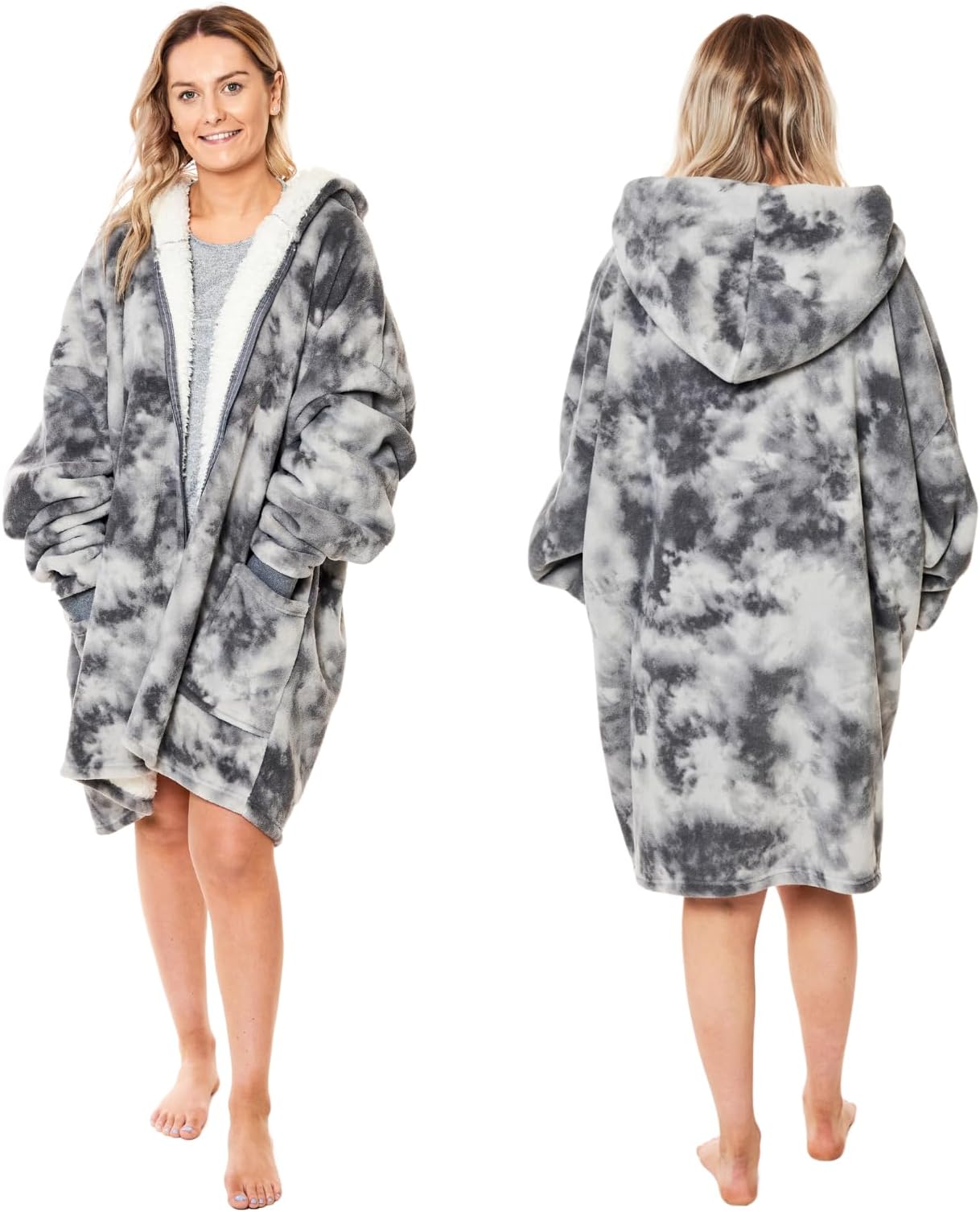 Dreamscene Tie Dye Oversized Hoodie Women Zip Up, Mothers Day Gifts Super Soft Sherpa Fleece Hoodie Blanket Women Wearable Blanket Bed Jacket Sweatshirt Cardigan Jumper, Charcoal Grey