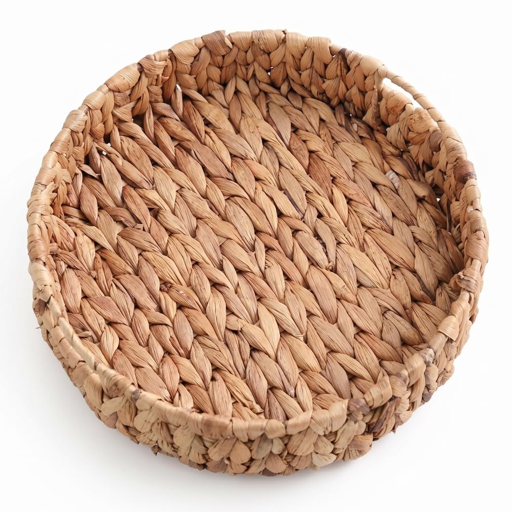 Bemonew Round Woven Tray, Handwoven Water Hyacinth Wicker Serving Tray with Handle for Kitchen/Bedroom/Bathroom, S