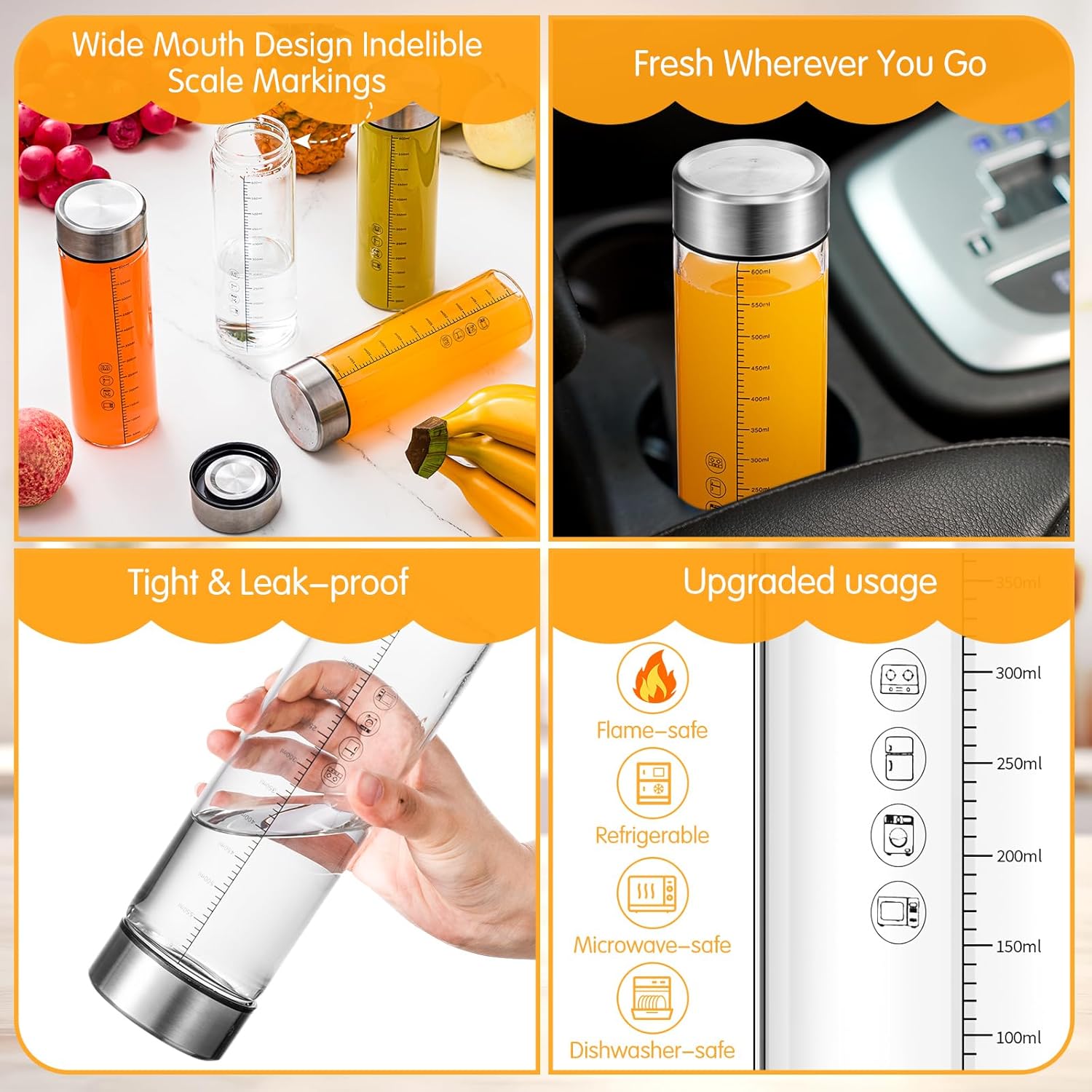 Vesici 20 oz Wide Mouth Glass Juice Bottle Glass Water Bottles with Lids and Scale for Juicing Smoothies Milk Protein Water Beverage Storage Reusable Leakproof Borosilicate Bottle