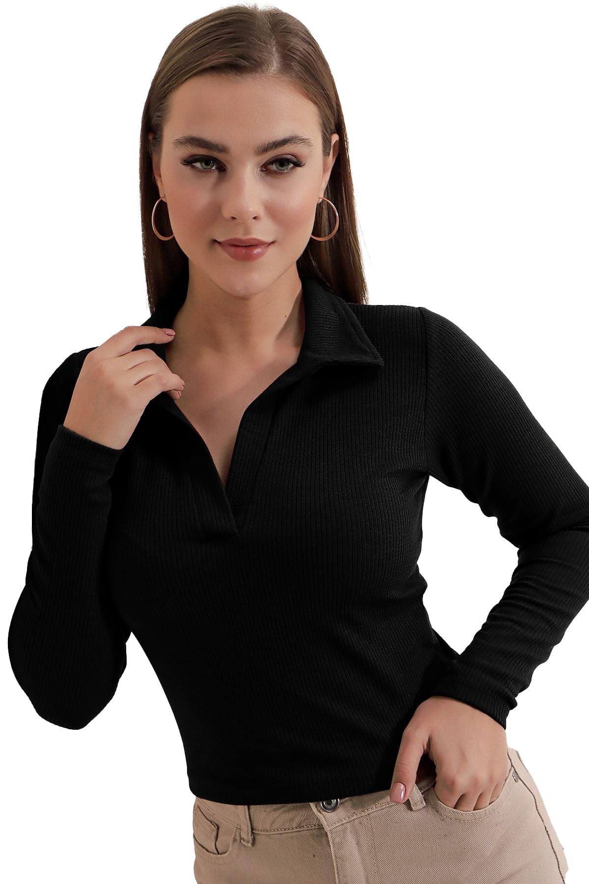 navyankaa Women's Collared Neck Long Sleeve Slim Fit Casual Tee Top for Woman-picture-28