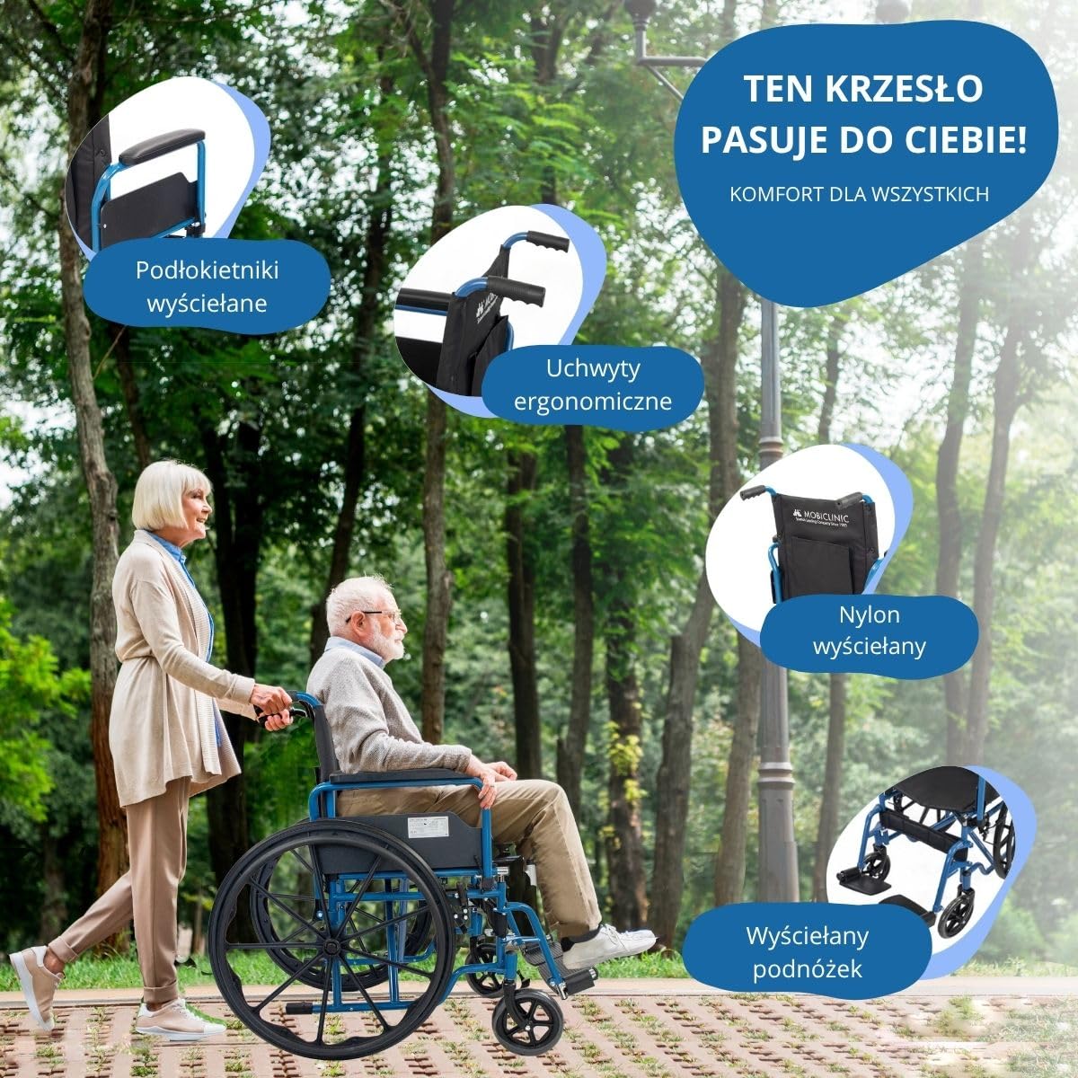Mobiclinic®, Składany wózek inwalidzki, Marsella, Kółka z możliwością szybkiego zwolnienia po naciśęciu przycisku, Stabilny, Siedzisko 46 cm, Dźwignia hamulca, Niebieski