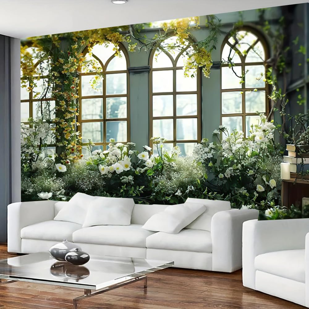 FENDROM Window View White Flower Tapestry Nature Landscape Classic Flower Vine Wall Hanging Party Decorations For Bedroom Living Room Dorm - Image 3