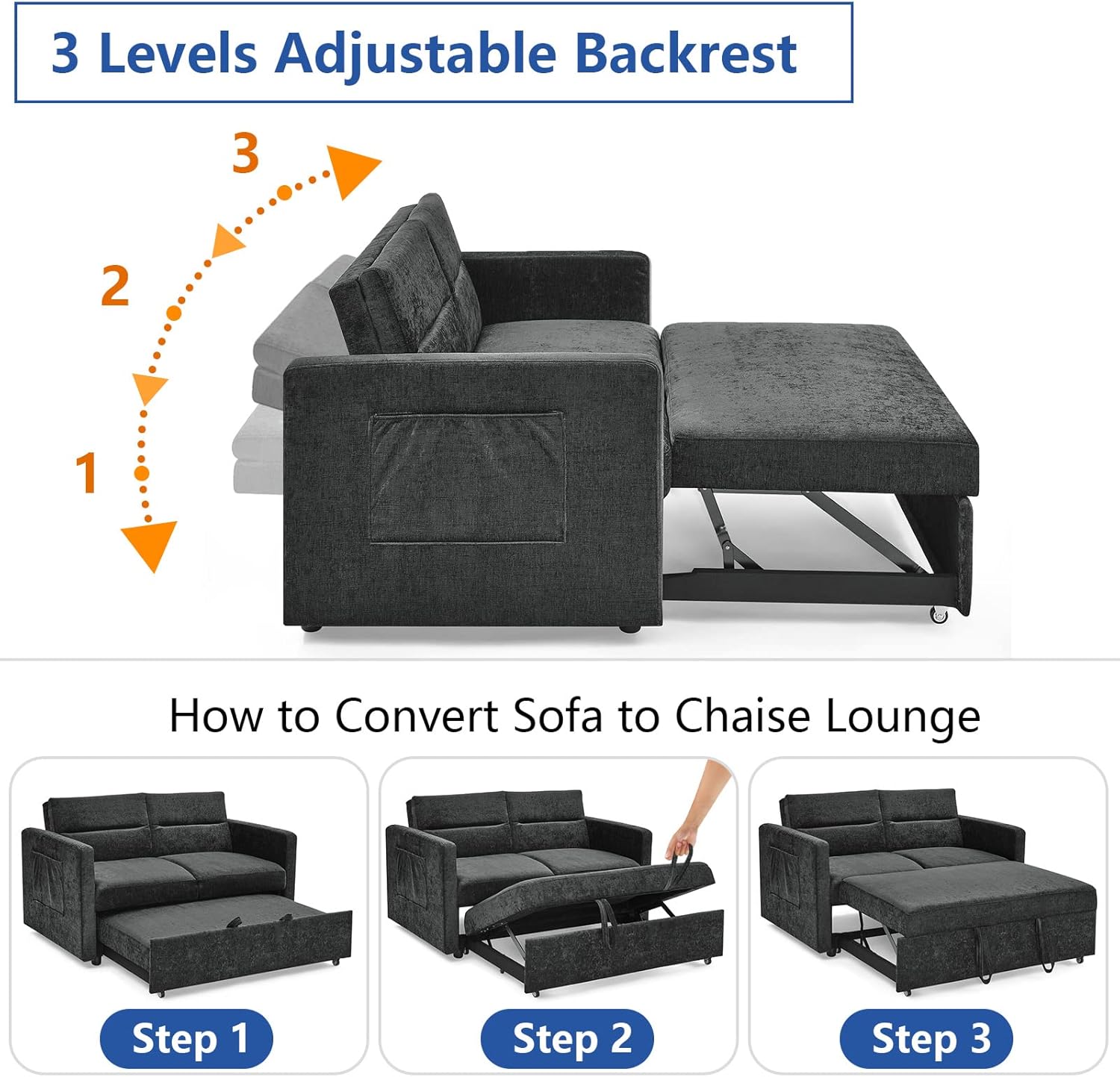 Diagram showing 3 levels of adjustable backrest and steps to convert to chaise lounge