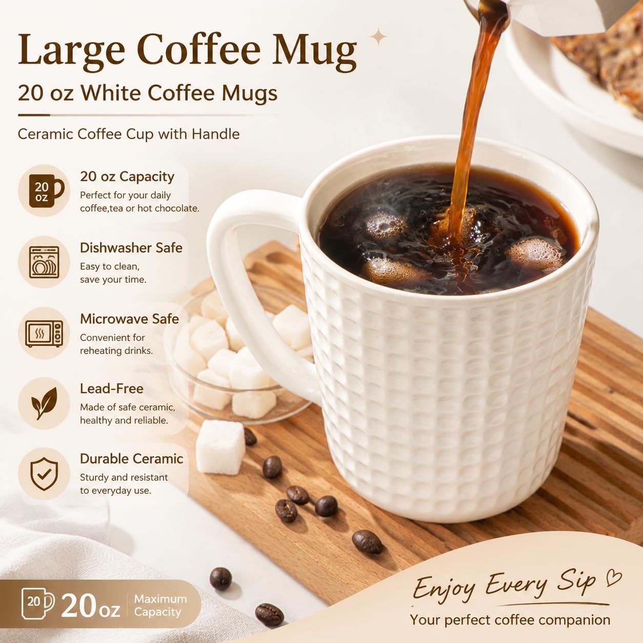 Large Coffee Mug, 20 oz White Coffee Mugs, Ceramic Coffee Cup with Handle
