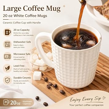 Large Ceramic Coffee Mugs 20 oz, Large Waffle Embossed Mug Set with Handle, Unique Coffee Cups for Latte, Cappuccino, Cocoa, Hot Tea, Mocha, Milk, Housewarming Wedding Present -Set of 2 (White)