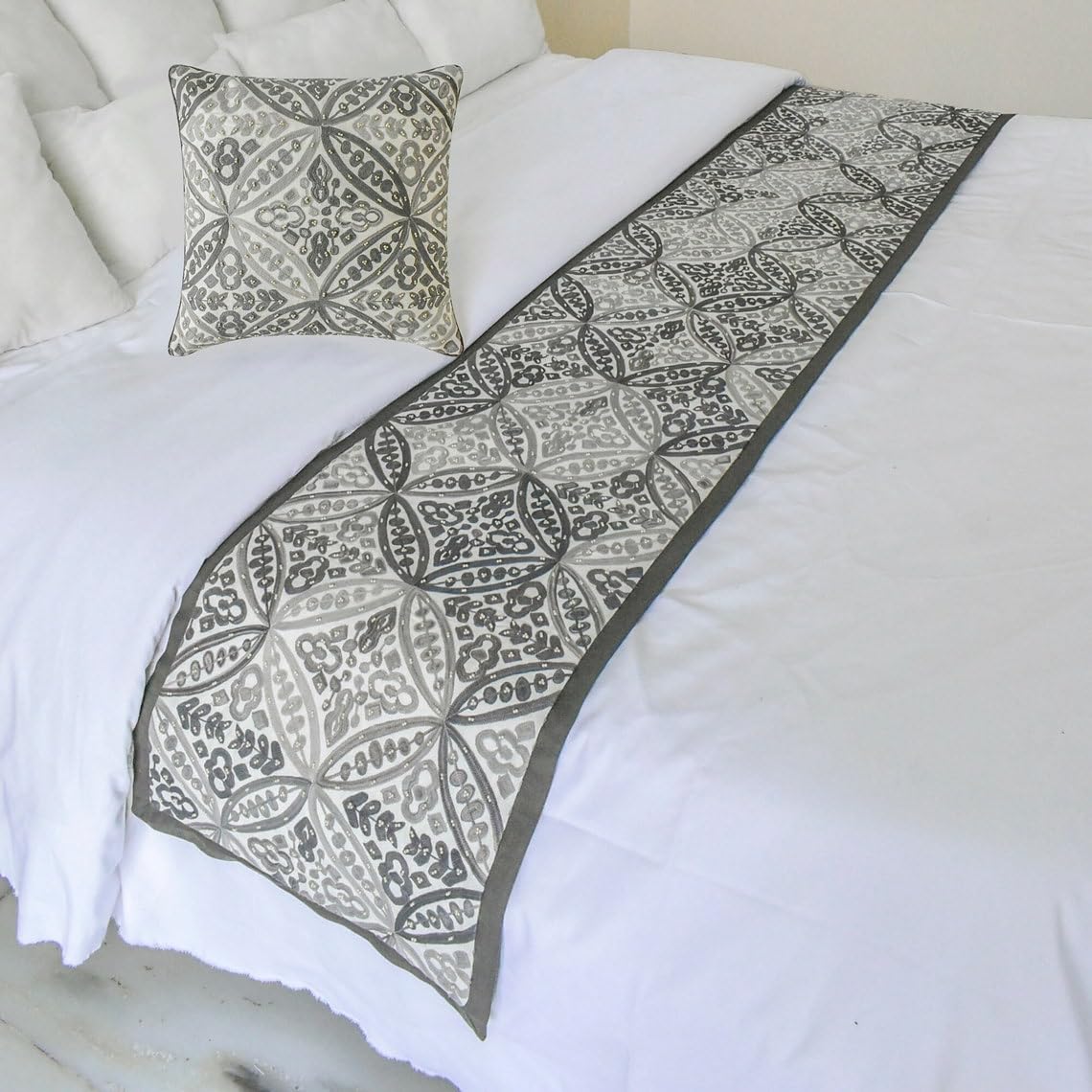 The HomeCentric King/Queen/Twin Gray Luxury Twin 133x45 cm Bed Runner With One Cushion Cover, Moroccan, Pearl, Geometric & Embroidered Bed Scarf on Embroidered fabric - Meryem