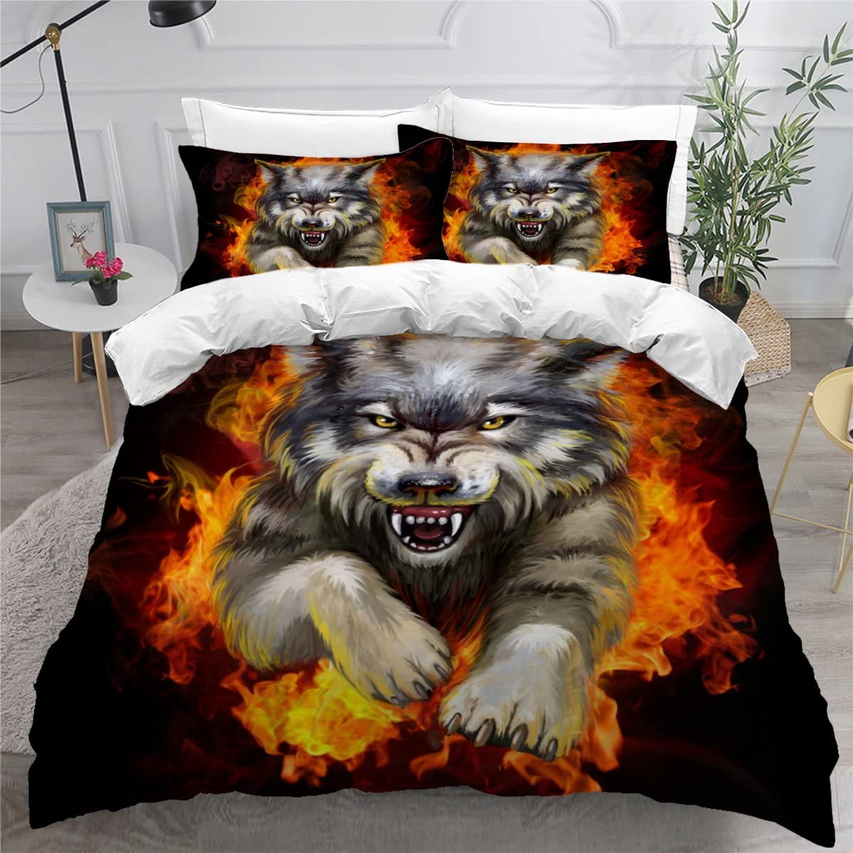 Housse de couette loup 140x200 cm avec 2 taies d'oreiller pour lit 1 personne