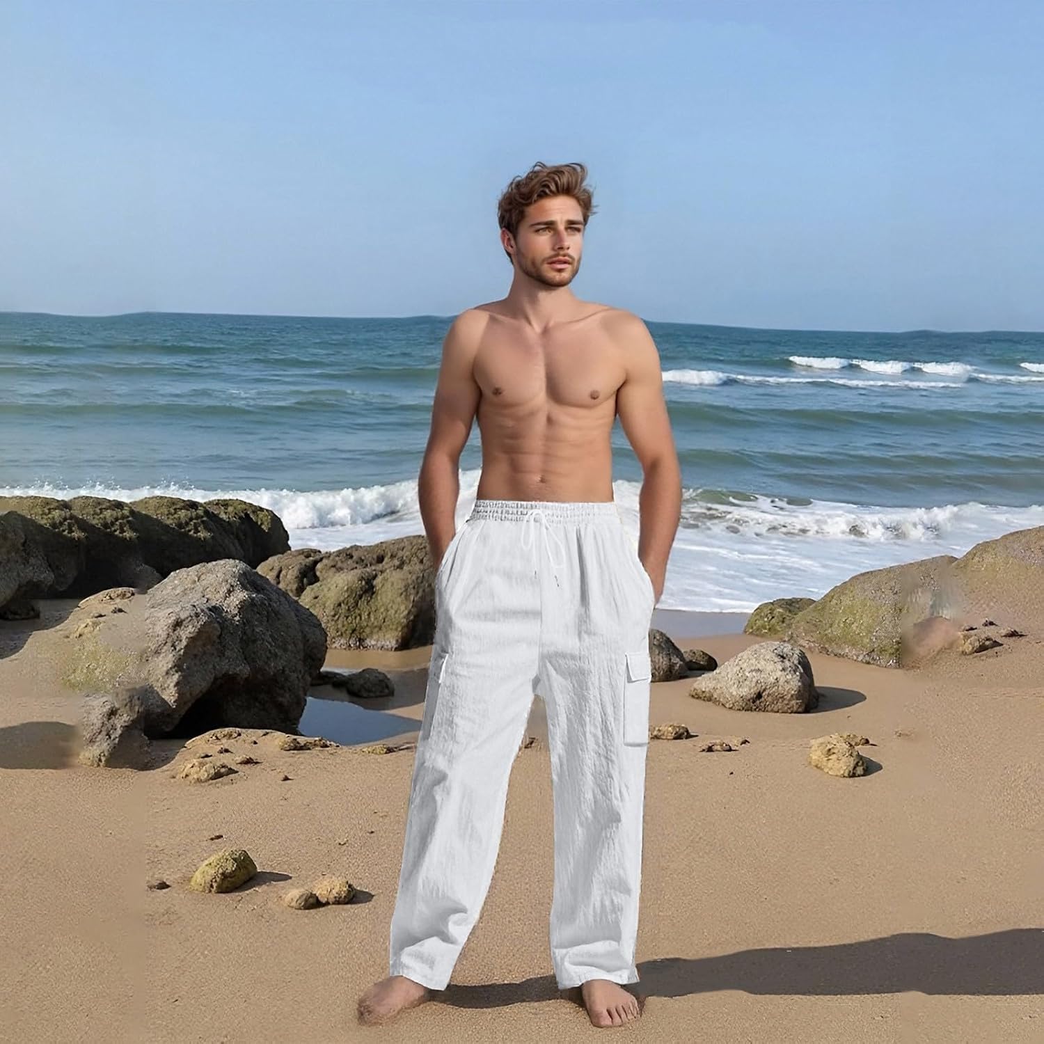 lcyhony Linen Cargo Pants for Men Relaxed fit Elastic Waist Drawstring Linen Pants Summer Casual Yoga Beach Pant with Pockets