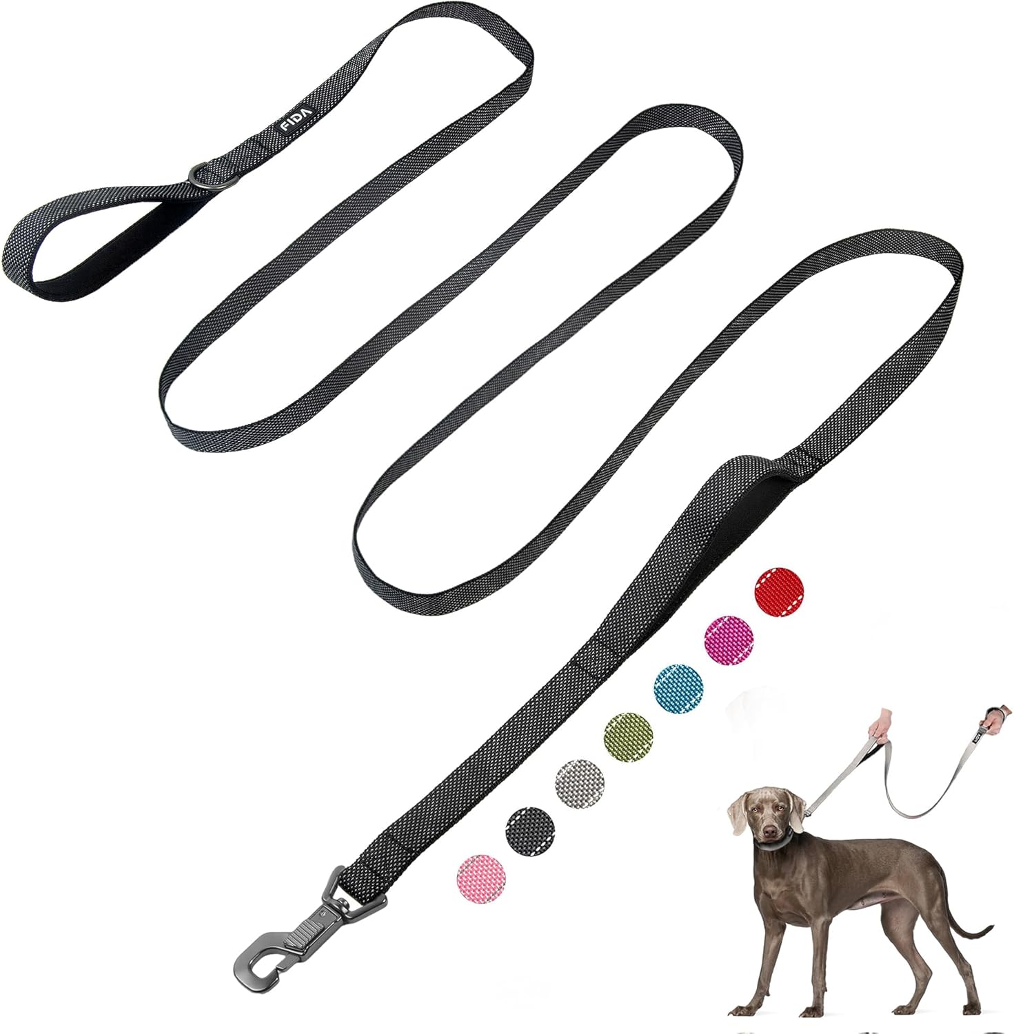 Fida 10ft Heavy Duty Dog Leash with 2 Comfortable Padded Handles, Traffic Handle & Advanced Easy Snap Hook, Reflective Walking Lead for Large, Medium & Small Breed Dogs, Black 10 Feet (Pack of 1) Black