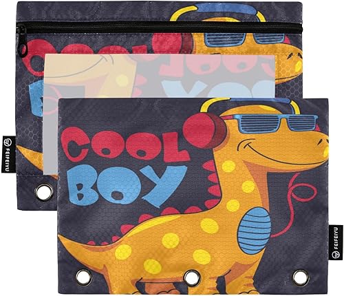 Gredecor Estuche para lápices con 3 anillos, con cremallera de dinosaurio, paquete de 2 unidades, organizador transparente para la escuela y la