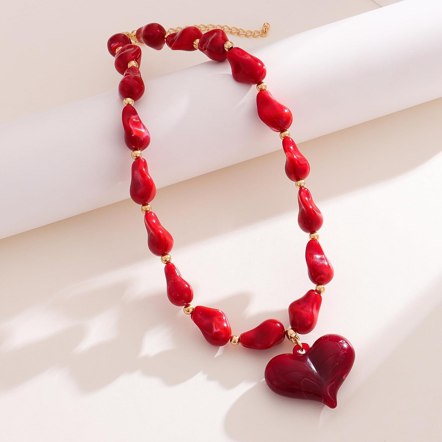 YUJIE Chunky Heart Penadnt Necklace for Women- Exaggerated Statement Puff Heart Necklace with Acrylic Beaded Chain - Image 6