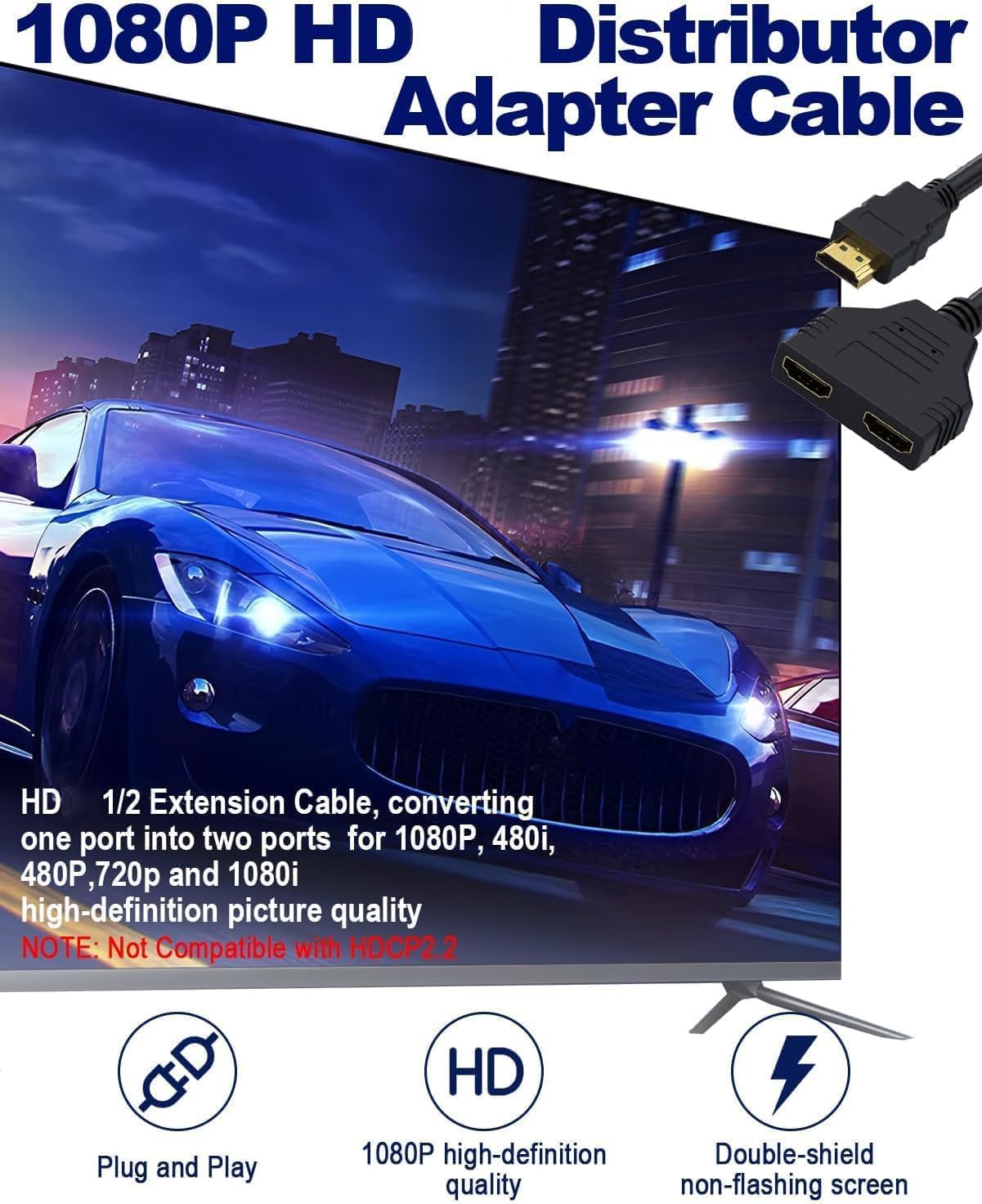 Cable adaptador HDMI divisor 1 en 2 salidas, divisor HDMI macho a HDMI doble hembra de 1 a 2 vías para HD, LED, LCD, TV, compatible con dos televisores del mismo tamaño al mismo tiempo, solo el espejo