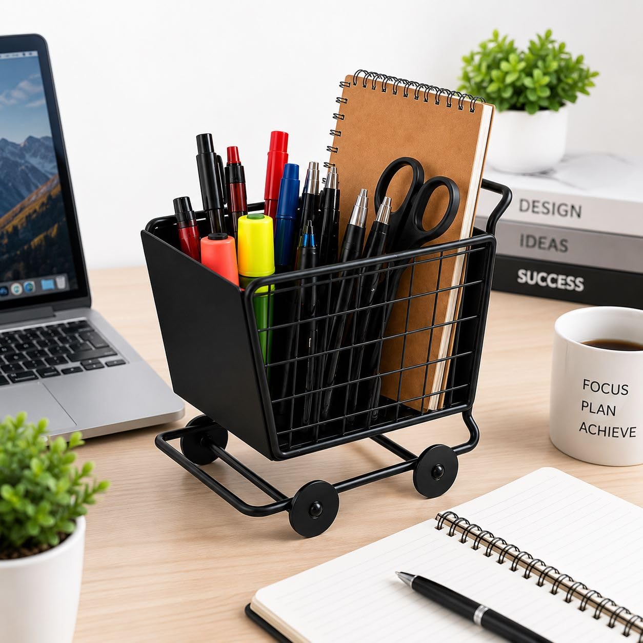 Rolling Metal Storage Basket Cart with Wheels, Black Wire Desk Organizer Bin, Portable Office Supply Caddy for Notebooks, Pens, Craft Supplies, Classroom & Home Organization-image-10