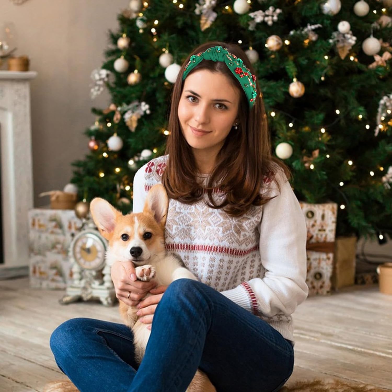 Jaciya Green Christmas Bow Headband Rhinestone Knotted Headband for Women Girls Festive Headpiece Xmas Head Bands - Image 8