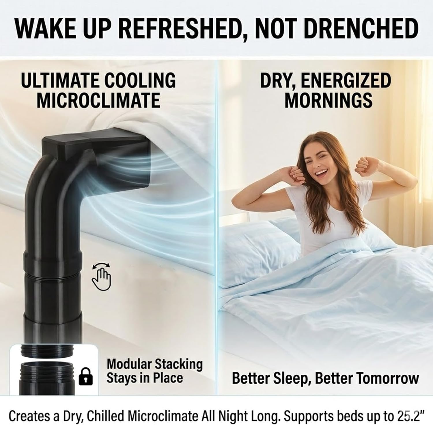 Bed Cooling System for Hot Sleepers, Quiet Under Sheets Bed Fan for Better Sleep,Fits Mattresses Up to 25.2" Tall, Night Sweats Relief, Single-Zone Mattress Cooling, Energy-Saving AC Alternative
