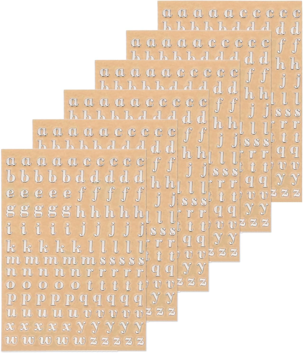 MECCANIXITY 6 Sheets Letter Resin Stickers 3D Small A to Z Silver Mini Alphabet Sticker Metallic Sparkle Alloy Lowercase for Resin Nail Scrapbooking 4.5mm