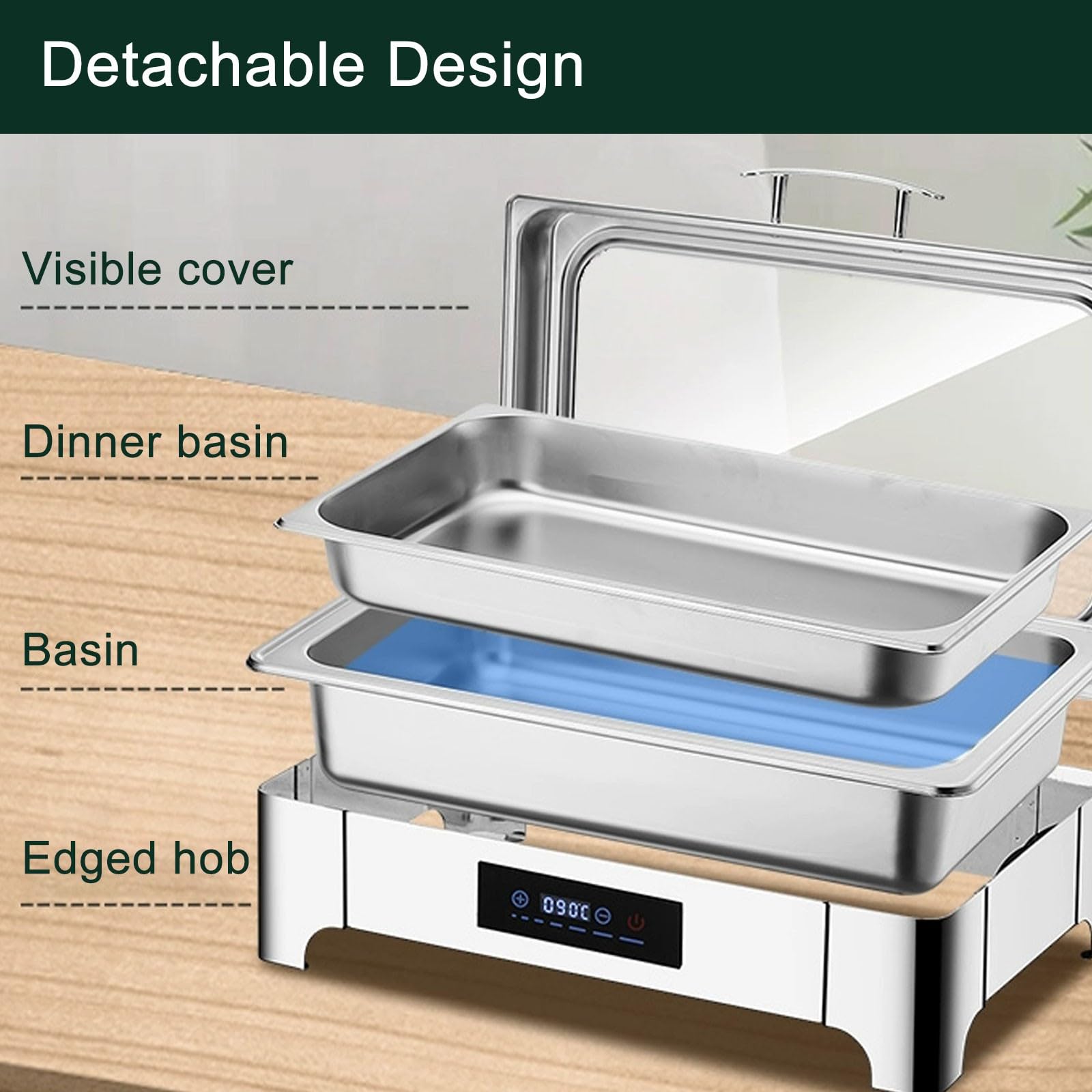 9L Scaldavivande Elettrico per Buffet, Acciaio Inossidabile(1/2) | Chafing Dish Elettrico, Professionale Vassoi Scaldavivande con Touche Intelligente LED, Temperatura Regolabile30-90°C