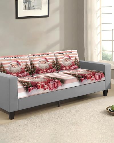 Miniatura 2 de Pink Santa Christmas Couch Cushion Covers, Stretch Sofa Cover with Elastic Bottom, Xmas Tree Winter Snowflake Gifts Sofa Slipcovers Protector