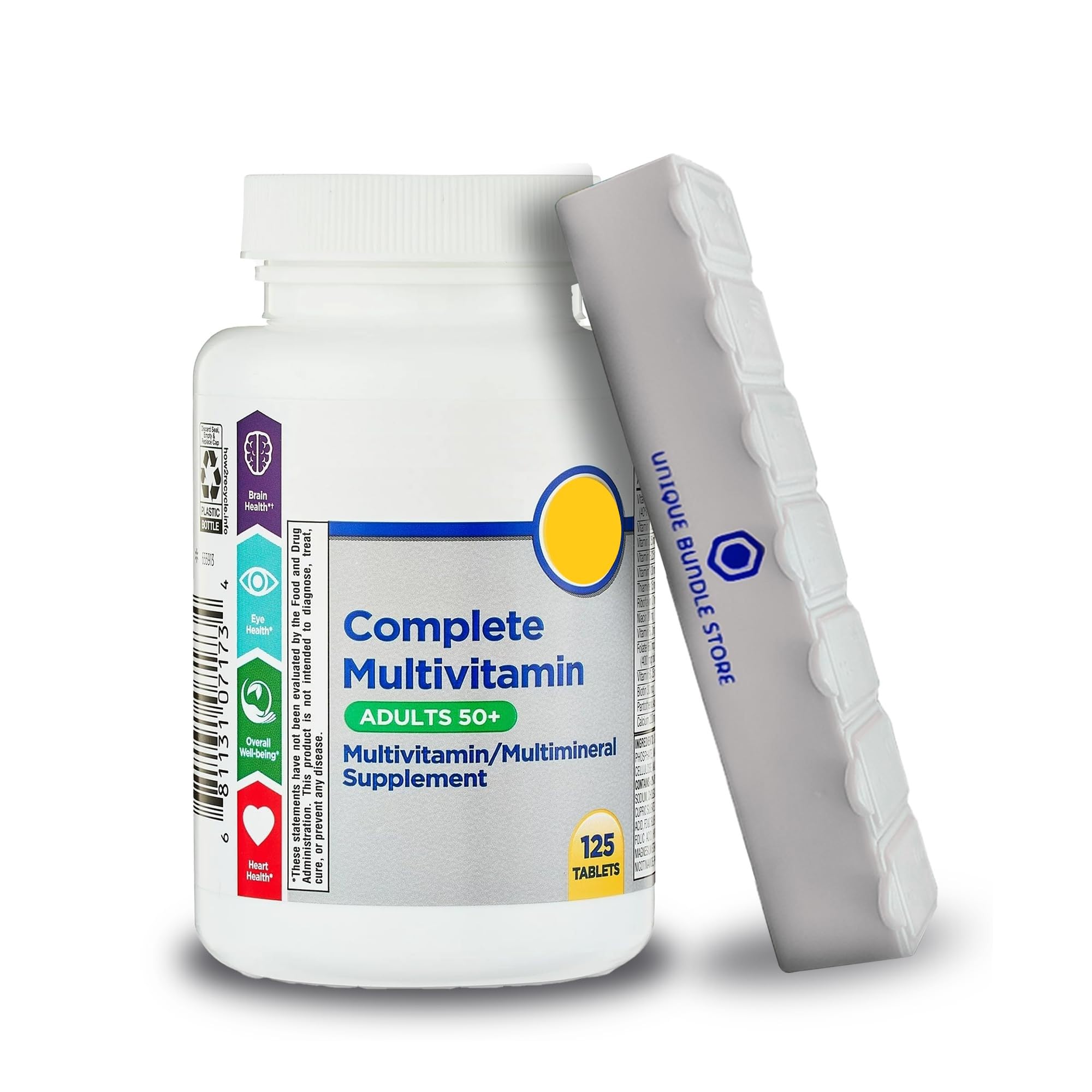 Unique Bundle Store Equate Complete Multivitamin Adults 50 Plus, 125 Count Tablets, Multi Vitamins for Adults & Multimineral Supplement + 7 Day Pill Organizer Included (Pack of 1)