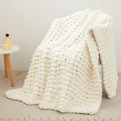 Mooreeke Manta de punto grueso de 40 x 50 pulgadas, suave, lavable, acogedora, 100% hecha a mano, con hilo de chenilla jumbo para sofá, cama, sofá y