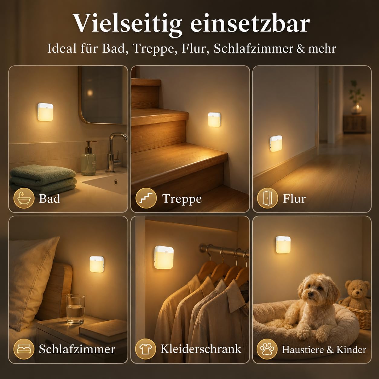 Nachtlicht mit Bewegungsmelder Akku Aufladbar Typ-C Innen, LED Nachtlampe 36 LEDs Treppenlicht mit Dämmerungssensorfür Flur, Schrank, Kinderzimmer, Treppe, 6er Pack, Warmweiß und Weiß (Umschaltbar)