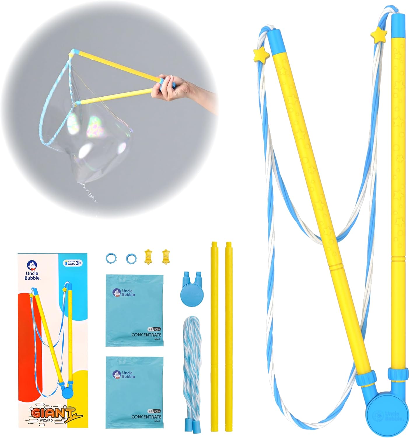 Uncle Bubble Giant Bubble Wand Set for Kids 3+ | Make Giant Bubbles Outdoors | Adjustable Star Clips for Any Size Bubbles | Non-Toxic Concentrated Solution Included | Fun Outdoor Toy for Families