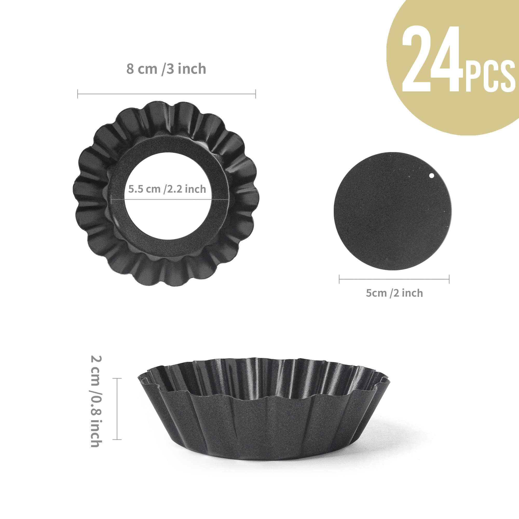 Lot de 24 mini moules à quiche antiadhésifs pour la pâtisserie, 7,6 cm avec base amovible, mini moules à tarte cannelés en acier au carbone pour la pâtisserie